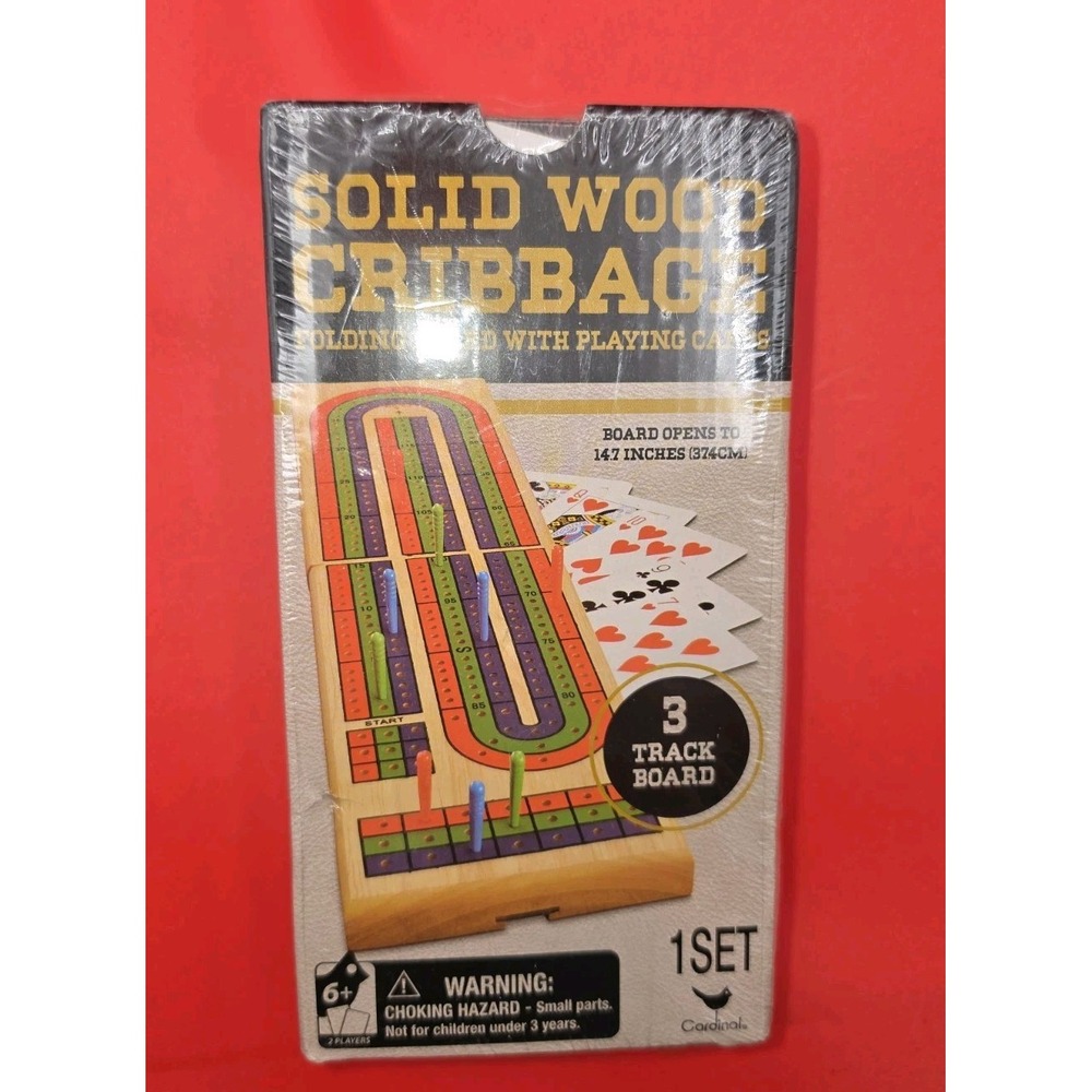 Cardinal Solid Wood Cribbage Board Folding 3 Track w/Cards New! 1 Cellophane Rip